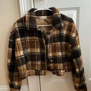 Altar'd State Plaid Teddy Jacket - Brown and Cream
